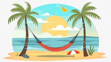 Obraz premium Sun-drenched tropical beach clipart, hammock, flat art, simple cartoon 2D emblem