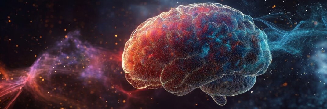 A glowing, digital brain floats in a vast, colorful nebula, symbolizing the limitless potential of the human mind, innovation, consciousness, and the connection between the brain and the cosmos.