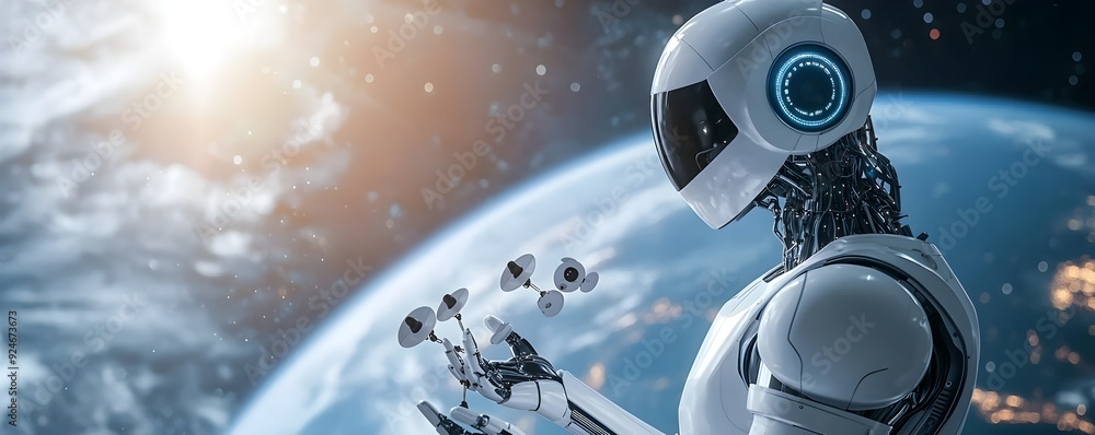 Poster futuristic robot exploring space while holding advanced technology, symbolizing innovation and the f