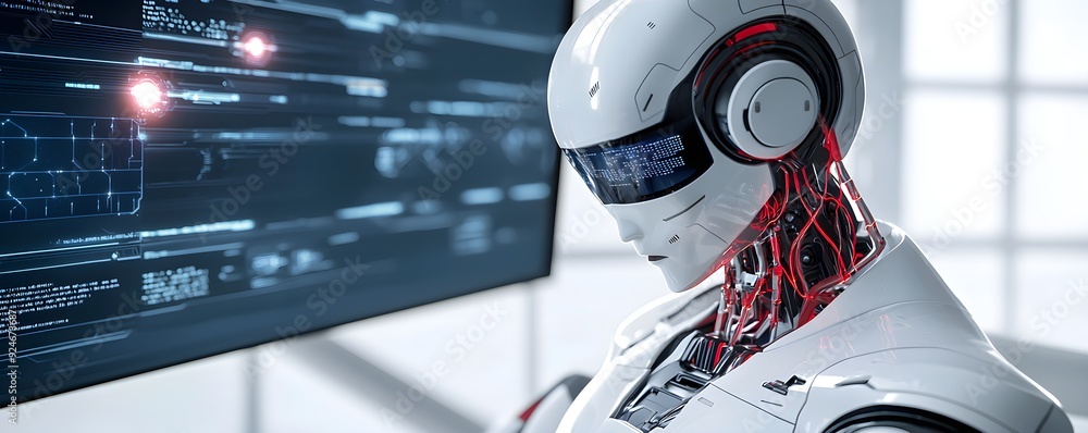 Aufkleber futuristic robot focused on a digital display, showcasing advanced technology and intelligence in a 