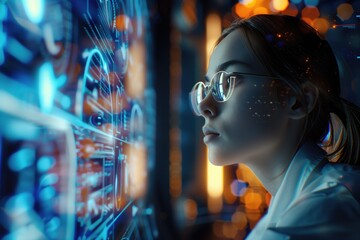 Focused woman in glasses analyzing digital data on holographic screen in dimly lit room. Concepts of technology, data analysis, and futuristic innovation.
