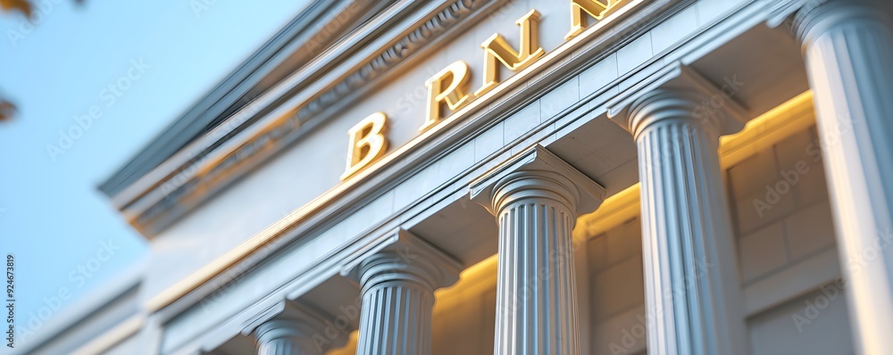 Poster architectural detail of a grand building with columns and illuminated signage, showcasing elegance a