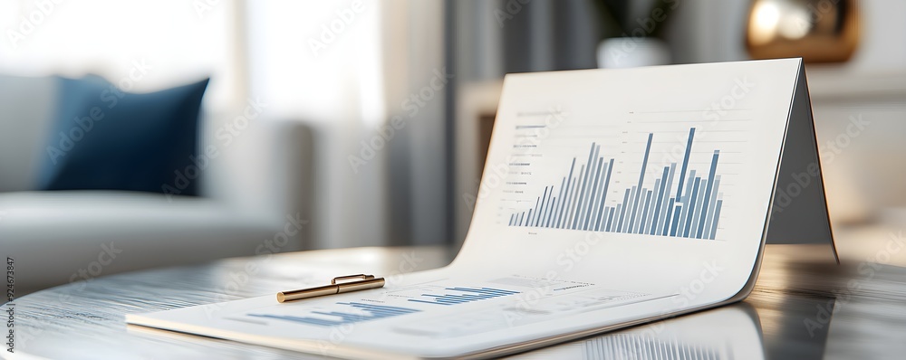 Poster business report with graphs displayed on a table, representing data analysis and financial growth in
