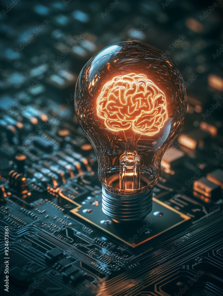 Poster a glowing lightbulb with a brain inside, sitting on a circuit board, symbolizing the power of human 