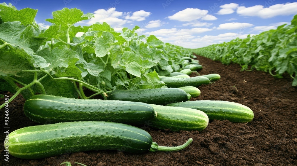 Poster cucumbers thrive in rich soil under a sunny sky, creating a vibrant patchwork in the fields