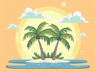 Fototapeta premium Tropical island paradise clipart, palm trees, flat art, vacation mood, simple cartoon 2D