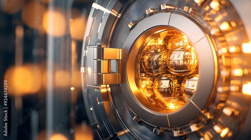 Poster close-up view of a futuristic glowing mechanism showcasing intricate details and a mesmerizing golde