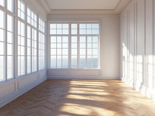 Obraz premium A large, empty room with a view of the ocean
