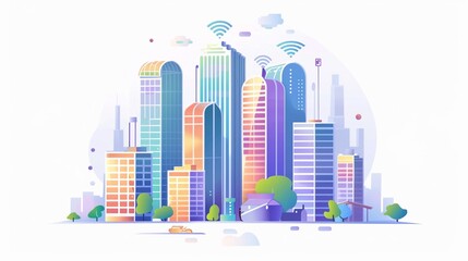 Urban smart city clipart, interconnected buildings, flat art, simple cartoon 2D emblem