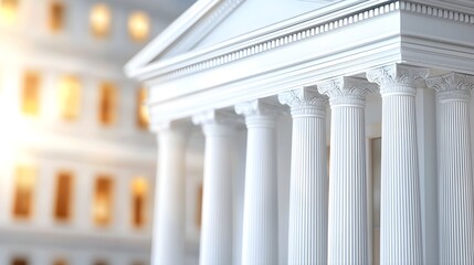 Obraz premium Close-up view of a classic white building with columns, representing architecture and historical significance under soft lighting.