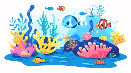 Vibrant coral reef snorkeling clipart, tropical fish, flat art, simple cartoon 2D emblem