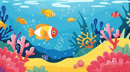 Vibrant coral reef snorkeling clipart, tropical fish, flat art, simple cartoon 2D emblem