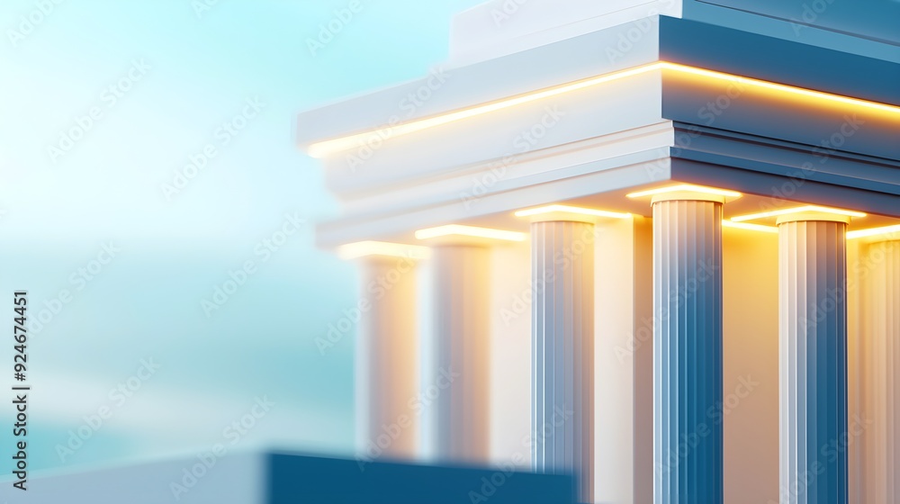 Aufkleber elegant architectural detail with illuminated columns under a soft blue sky, creating a serene and m