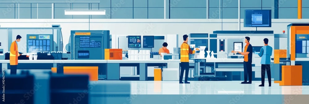 Poster a group of factory workers are seen in a modern factory setting, operating machinery and automation.