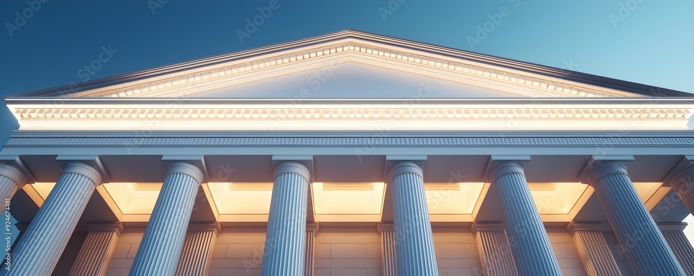 Poster elegant view of a classical building facade with ornate columns and soft lighting under a clear sky,