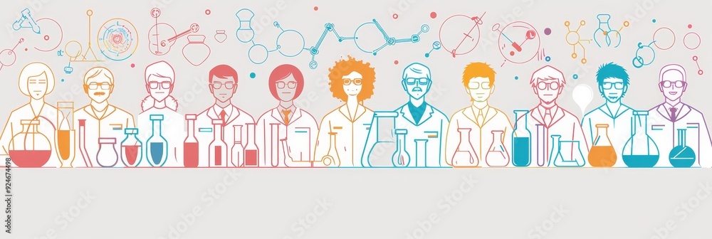 Poster a group of scientists representing diversity are working together in a lab, symbolized by beakers, f