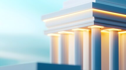 Obraz premium Elegant architectural detail with illuminated columns under a soft blue sky, creating a serene and modern atmosphere.