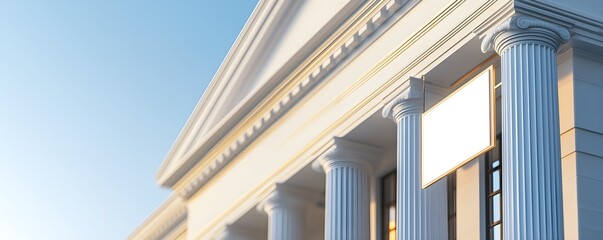 Obraz premium Elegant architecture showcasing classic columns and a bright blue sky. Perfect for themes of history, law, and formal settings.