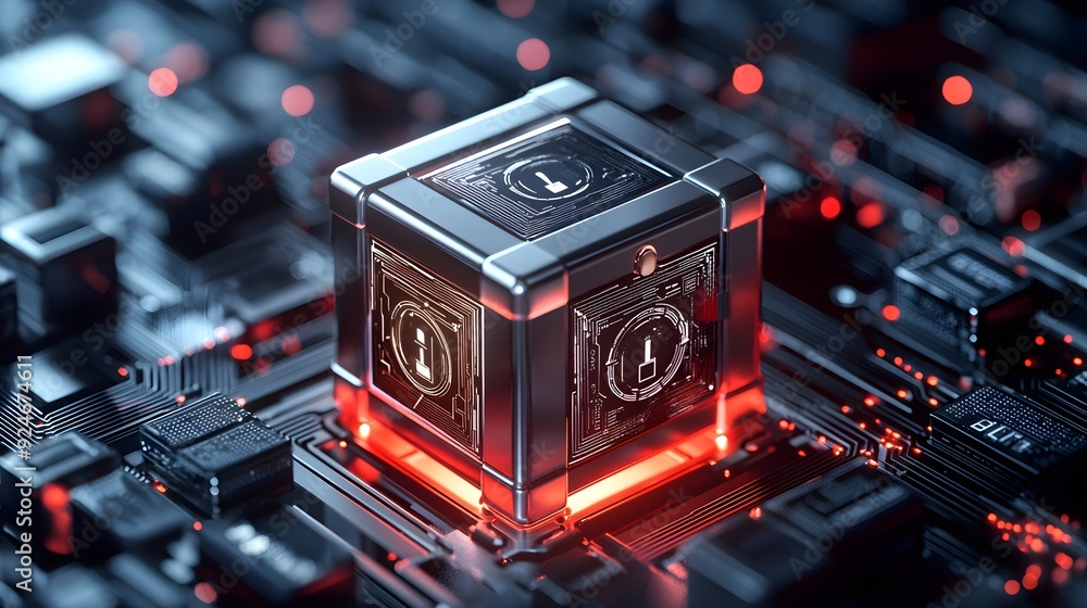 Poster futuristic cube glowing with red lights, set against a complex digital circuit background, represent