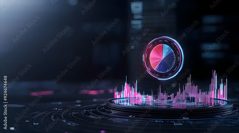 Poster futuristic digital interface displaying colorful data visualizations in a modern tech environment.