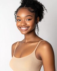 An isolated portrait of an African American woman smiling and looking up, isolated on transparent