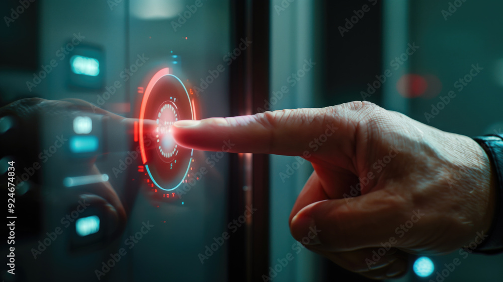 Poster hand pointing at futuristic digital interface with glowing holographic elements. concepts of technol