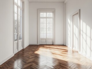 A large room with a lot of windows and a wooden floor