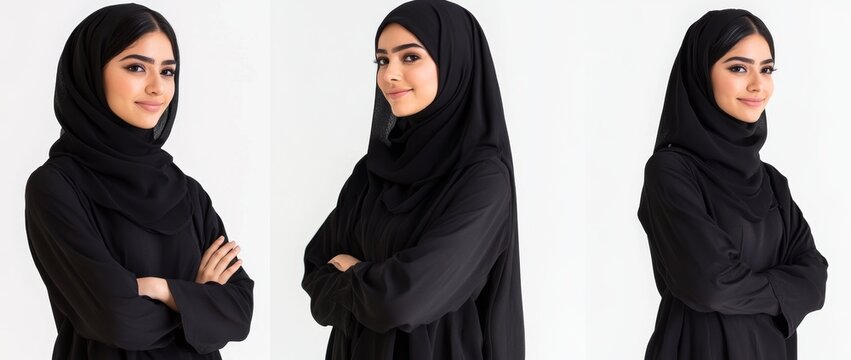 Stylish Muslim models on transparent background, smiling Arab women wearing black hijabs standing arms crossed