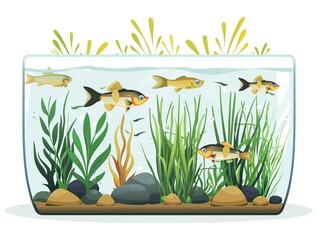 Obraz premium Aquatic ecosystems study clipart, freshwater tank, flat art, simple cartoon 2D