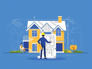 Architect designing a building clipart, flat art, creative blueprint, simple cartoon 2D emblem