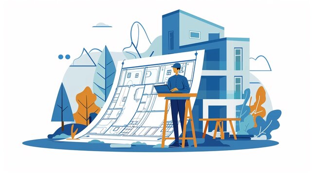 recommend clip art: Architectural drafter designing plans clipart, flat vector art, blueprint creation, simple cartoon 2D emblem