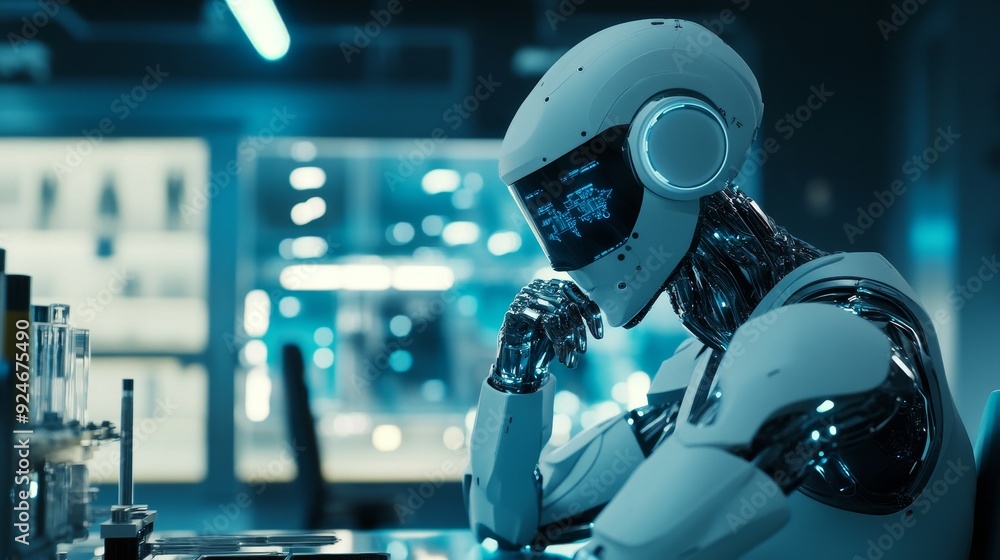 Aufkleber a humanoid robot with a futuristic design sits in a laboratory, pondering a complex problem. the rob