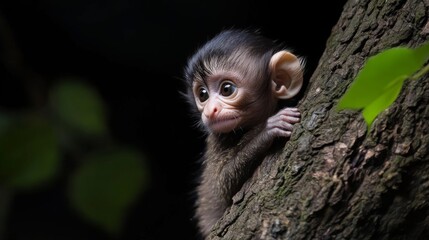 Fototapeta premium A curious baby monkey clings to a tree trunk with a playful expression on its face.