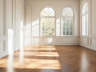 Obraz premium A large room with white walls and wooden floors