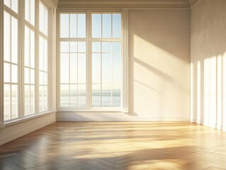 Obraz premium A large, empty room with a large window overlooking the ocean