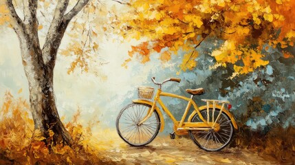 Fototapeta premium Illustration of a yellow bicycle in an autumn scene near a tree, in a textured canvas style. The generation of AI