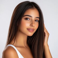 Fototapeta premium A smiling girl with long brunette hair looks at the camera on a transparent background, isolated