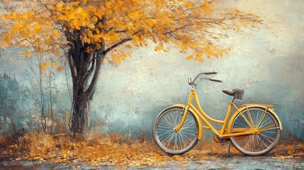 Obraz premium Illustration of a yellow bicycle in an autumn scene near a tree, in a textured canvas style. The generation of AI