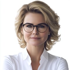 Obraz premium On a transparent background, a smiling business woman wearing glasses with short blonde hair is shown with short blonde hair and glasses.