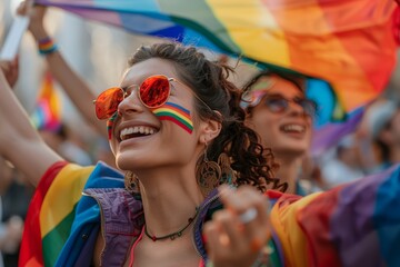 Obraz premium Joyous LGBT Pride Parade with Colorful Crowd Waving Rainbow Flags