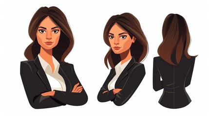 Businesswoman avatar clipart, flat art, simple cartoon 2D, emblem look
