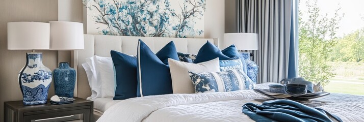 A luxurious bedroom with blue and white decor, featuring a floral wallpaper, plush pillows, and a comfortable bed. The room is bathed in natural light, creating a peaceful and inviting atmosphere.