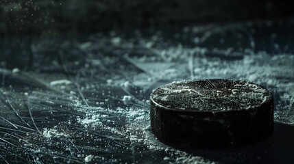 Ice hockey. The puck lies on ice. Close-up. Dramatic atmosphere