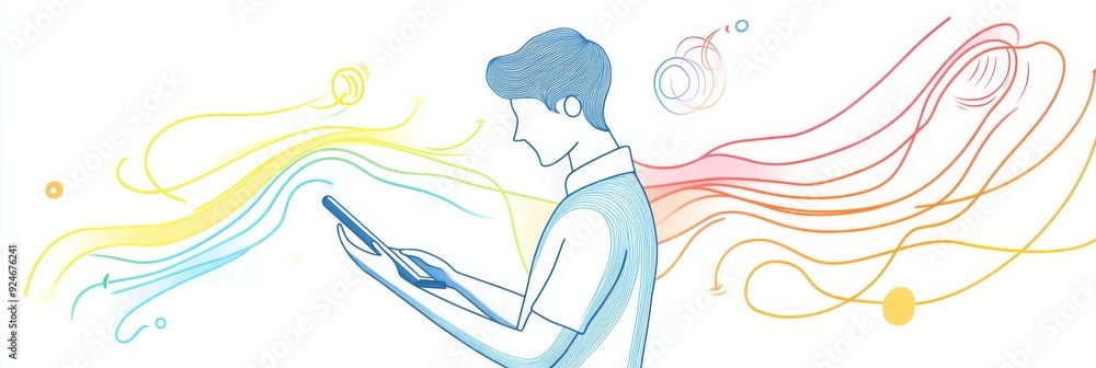Poster a man using a smartphone with colorful abstract lines flowing around him, symbolizing ideas, inspira