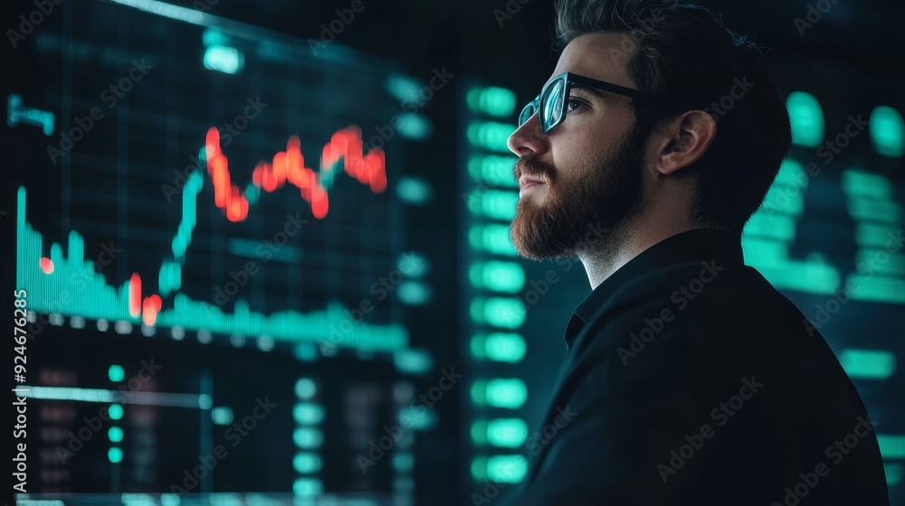 Poster a man wearing glasses analyzes financial data displayed on a large screen, representing concepts of 