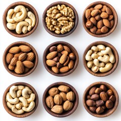 Top view of Bowls of Nuts on Transparent Background, Variety of Nuts in Bowls