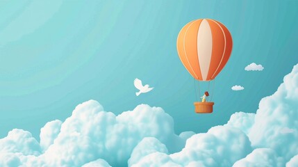 Obraz premium Child in a hot air balloon, above clouds, adventure awaits, logo, art, emblem, simple cartoon 2D