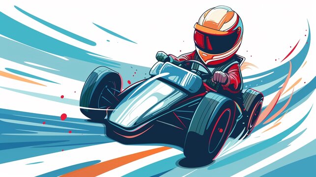 Child in a race car, speed lines, racing theme, logo, art, emblem, simple cartoon 2D