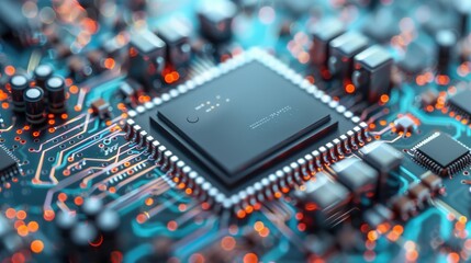 Close-up of a microchip embedded in a circuit board with glowing elements and components. Concepts of technology, innovation, and electronic engineering.