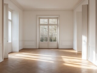A large, empty room with white walls and wooden floors